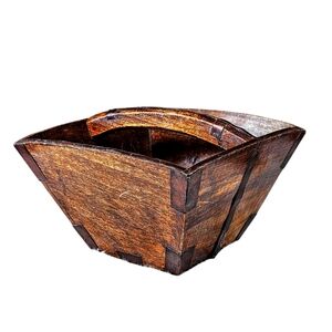 Primitive Asian Chinese Wooden Metal Strap Rice Grain Bucket Box Foreside